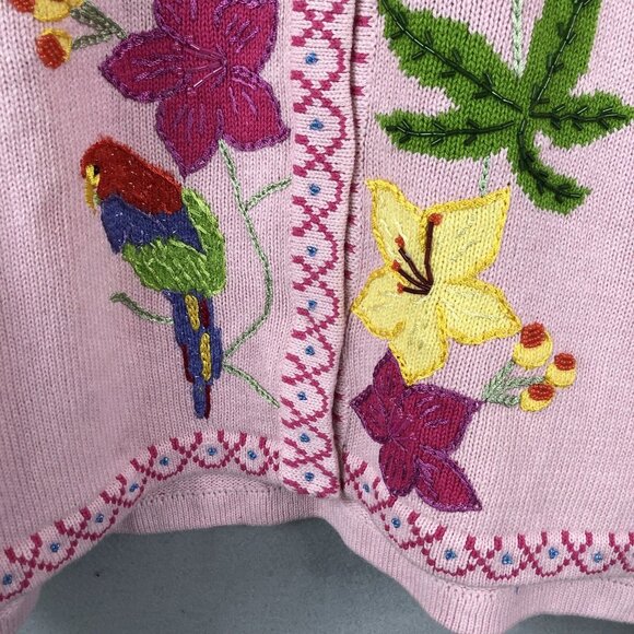 Storybook Sweater Womens 2X Plus Size Pink Parrots Tropical Cardigan Art to Wear - Picture 13 of 16